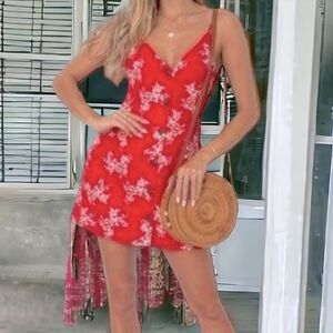 Red Floral V Neck Back Bow Tie Straps Summer Mini Dress NEW